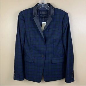 J Crew Regent Blazer Women 4 Blue Green Tartan Wool Satin Trim Preppy Jacket NWT